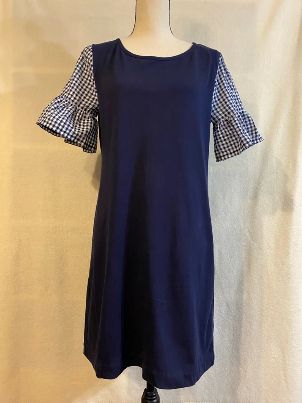 J. Crew navy blue & white gingham check bell sleeve dress